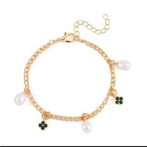 White Freshwater Pearl & Green Austrian Crystal Clover Bracelet nwt